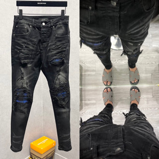 Quần jean bò nam Amiri skinny xám mài rách vá vải kẻ sọc xanh dập nhăn loang 3D 4 cúc khắc chữ QJ451P