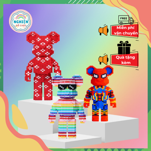 Lắp Ghép LEGO Bearbrick Cầu Vồng, Đỏ Hoa, Kẻ Karo, 35cm,  Đồ Chơi Lắp Ghép Giúp Tăng Trí Tuệ Tư Duy, Thông Minh