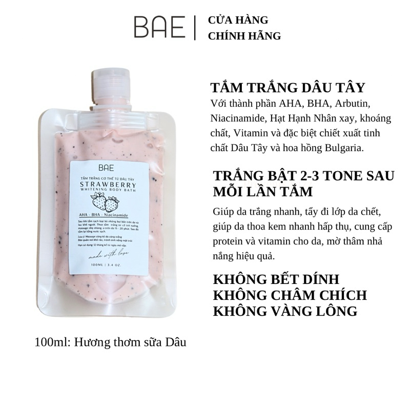 Tắm trắng Dâu bật tone da sau mỗi lần tắm BAE túi 100ml