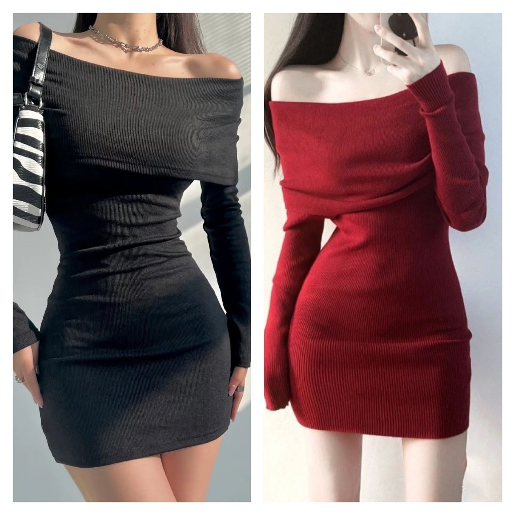 Đầm ôm body nữ trễ vai tay dài thời trang quyến rũ cho nữ tont màu đỏ đen dành cho mùa Noel , Tết- D09