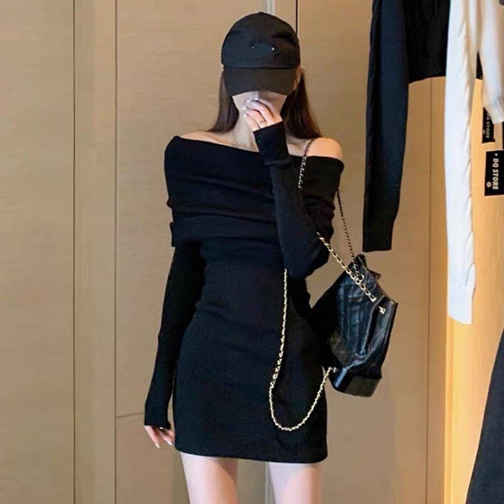 Đầm ôm body nữ trễ vai tay dài thời trang quyến rũ cho nữ tont màu đỏ đen dành cho mùa Noel , Tết- D09