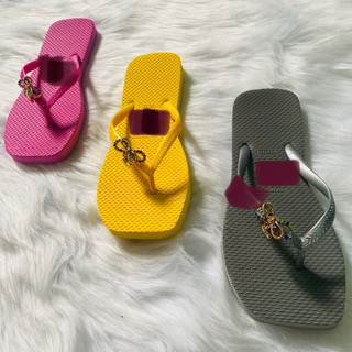 Dép xốp Thái, dép kẹp nữ mũi vuông đính charm nơ charm siêu hot