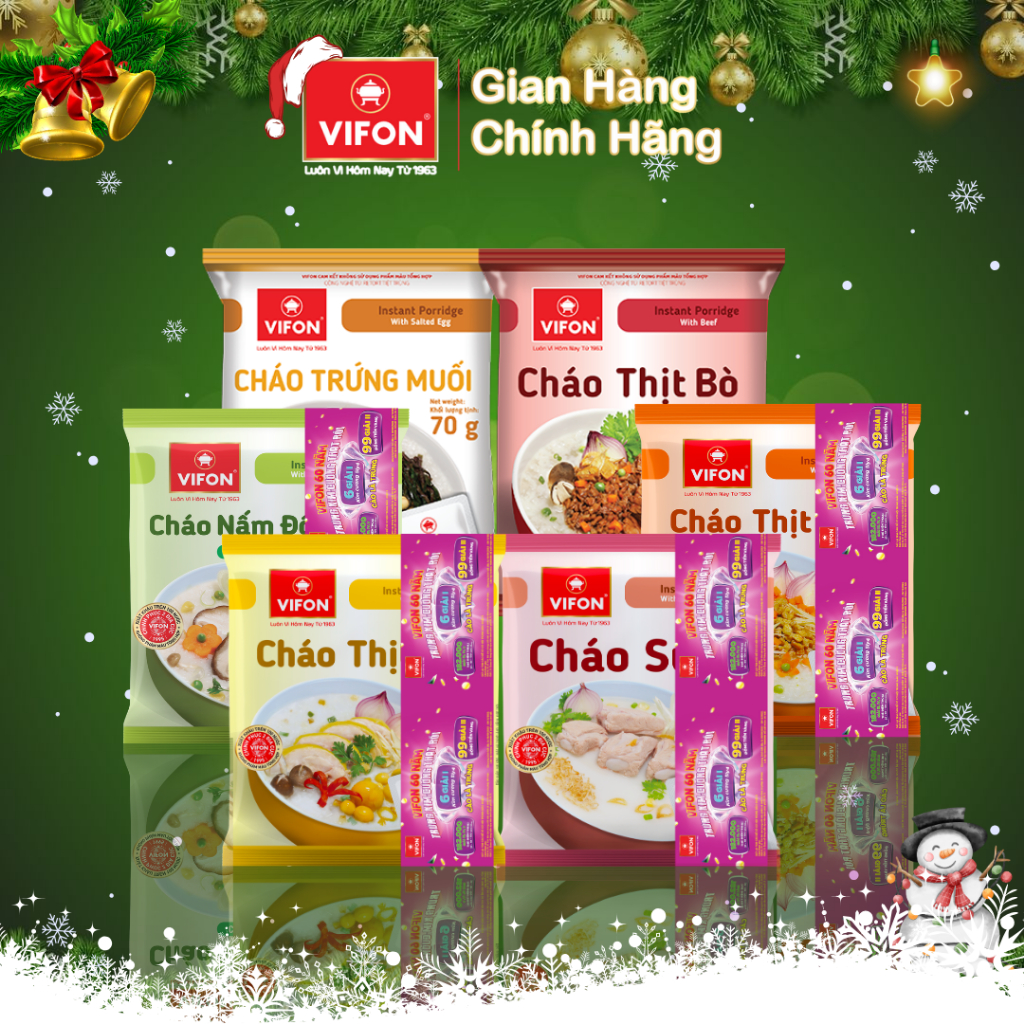 Thùng 50 gói Cháo Thịt Bò/ Thịt Bằm/ Sườn/ Trứng Muối/ Nấm Đông Cô VIFON có Gói Thịt Thật  70gr / Gói