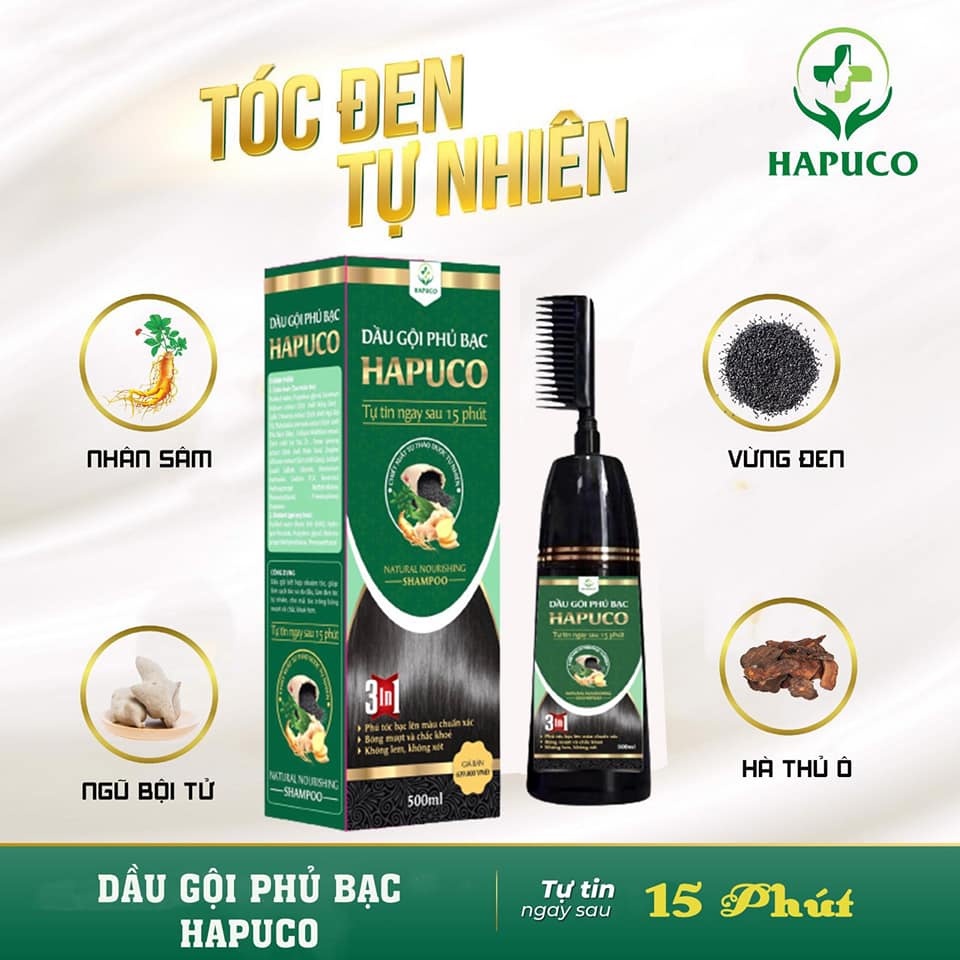 Dầu gội phủ bạc Hapuco (tên mới Pucoliza Hamiko) 500ml - phủ nhuộm 3 màu Nâu hạt dẻ, Nâu đen &amp; Đen