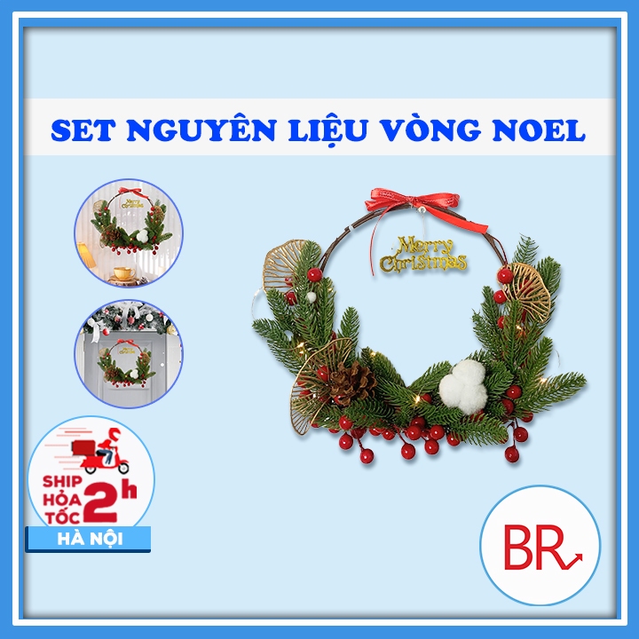 Set nguyên liệu DIY làm Vòng Noel, cây thông Noel kèm Đèn , Bộ phụ kiện làm vòng đào đông quà tặng, trang trí Tết, Noel