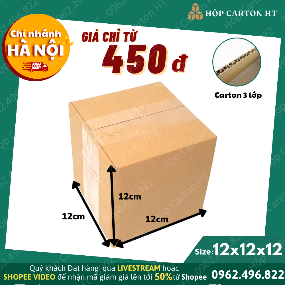12x12x12 Combo 100 Hộp Giấy Carton Gói Hàng Thùng Carton Đóng Hàng COD Chất Liệu Carton 3 Lớp Vuông - Hộp Carton