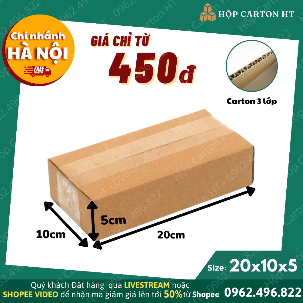 20x10x5 Combo 100 hộp carton, thùng giấy cod gói hàng, hộp bìa carton đóng hàng giá rẻ