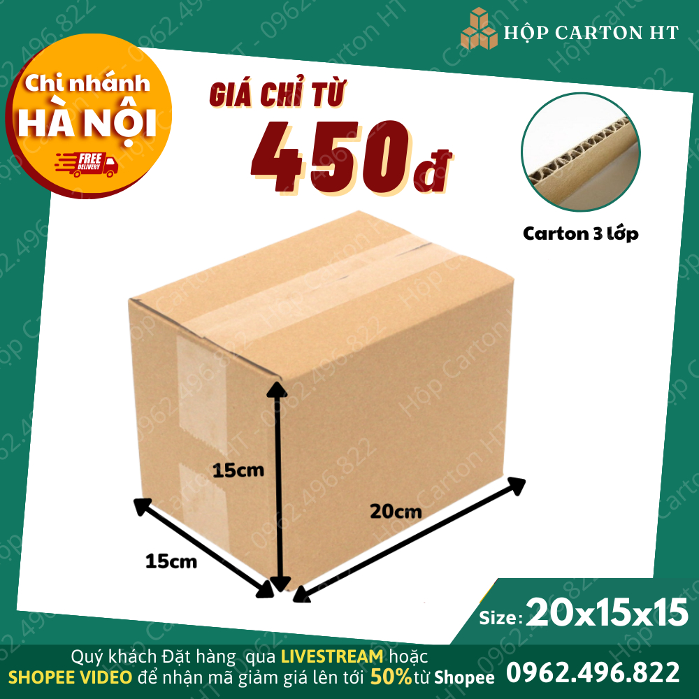 20x15x15 combo 100 hộp carton, thùng giấy cod gói hàng, hộp bìa carton đóng hàng giá rẻ