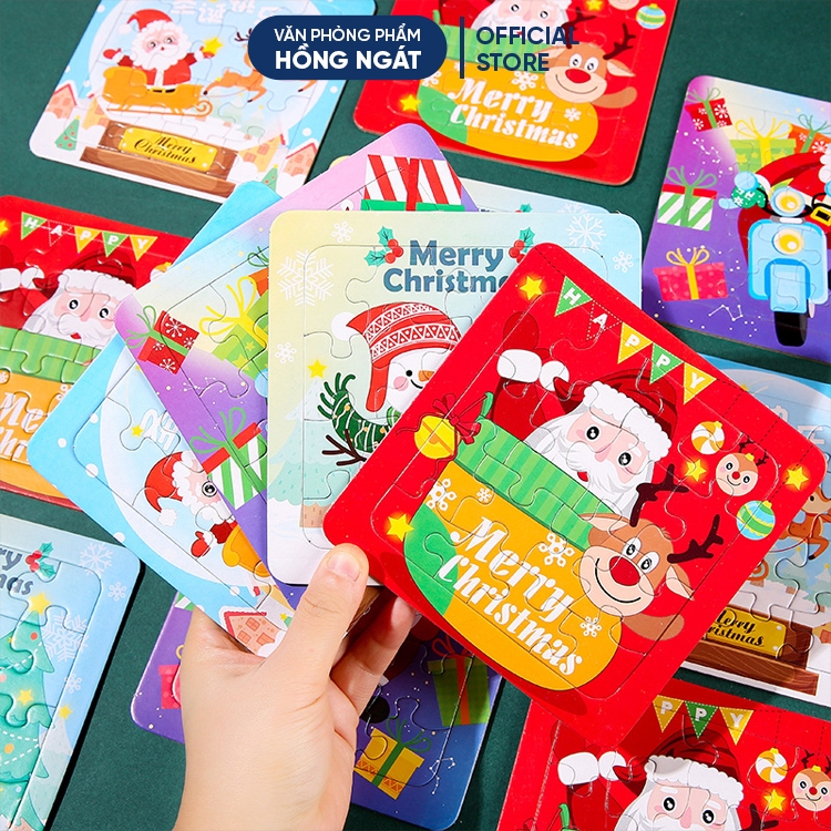 Xếp hình vuông tranh ghép 16 mảnh kèm tô màu chủ đề giáng sinh cho bé, đồ dùng làm quà tặng học sinh mùa Noel N066