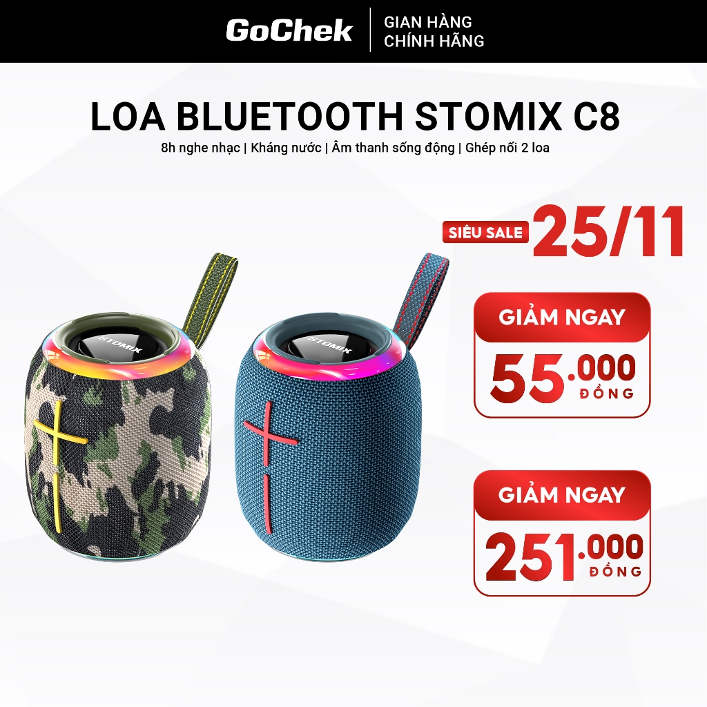 Combo 2 Loa Gochek Stomix Bluetooth c8,TWS chế độ Ghép Nối 2 Loa, Hỗ Trợ Âm Thanh Vòm, Pin 3000 mAh, Bluetooth 5.3