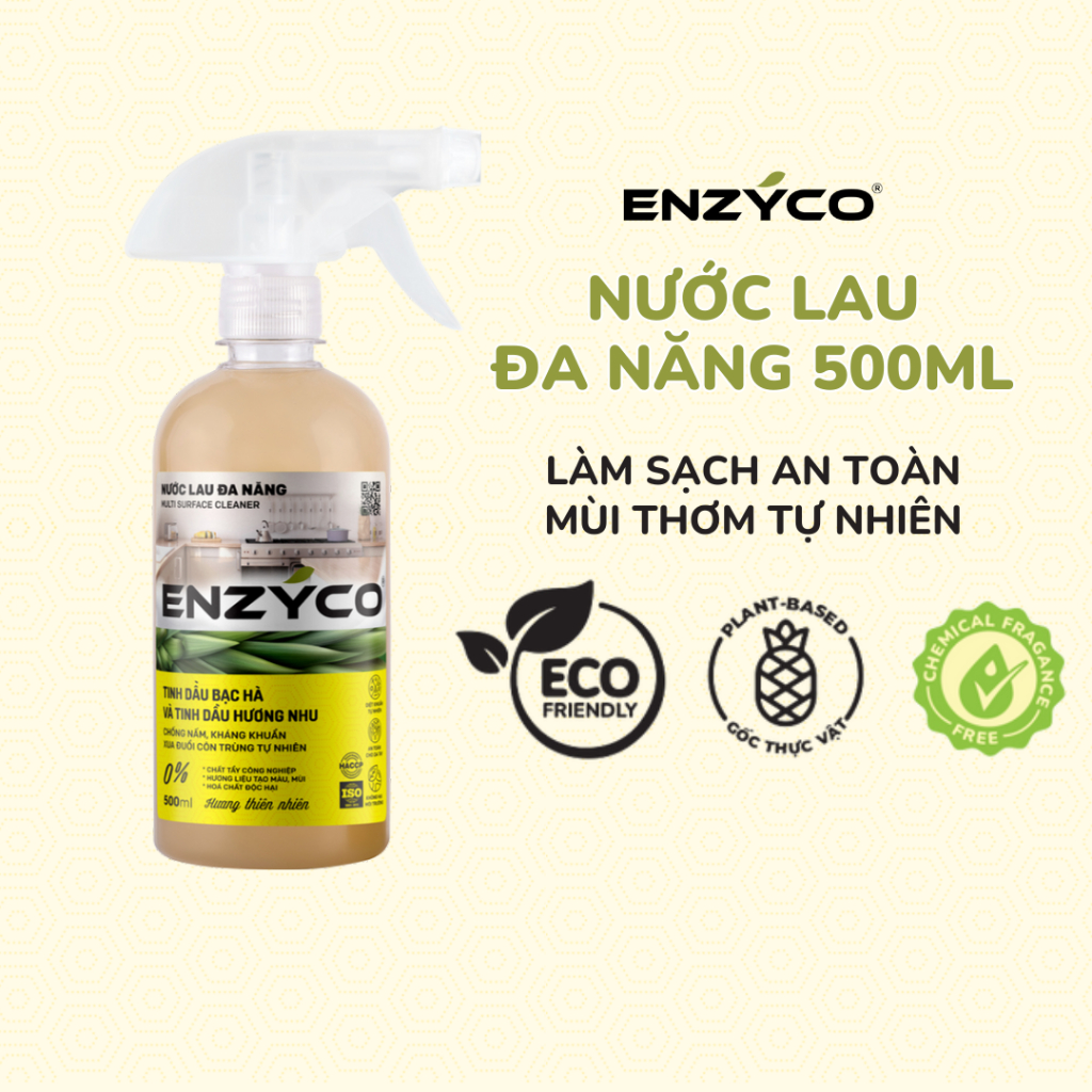 Nước Lau Đa Năng Sinh Học Enzyco Tinh Dầu Bạc Hà Và Hương Nhu 500ML, Làm Sạch Vết Dầu Mỡ, Đuổi Côn Trùng