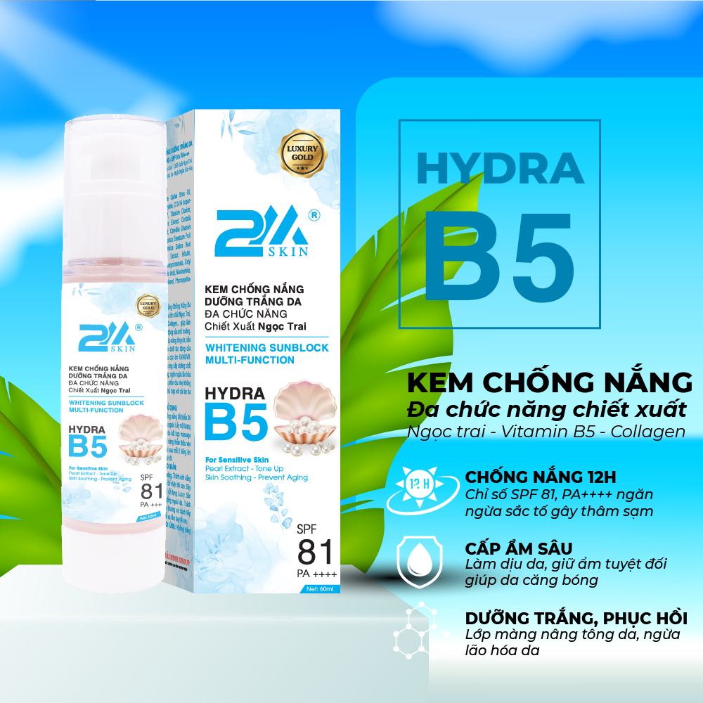 Kem chống nắng đa chức năng dưỡng trắng phục hồi hư tổn ngừa thâm sạm vitamin B5 2M SKIN 60ml Global Khải Minh Cosmetics