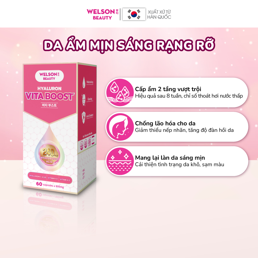 Viên uống HA cấp ẩm sáng da Welson Beauty Hyaluron Vita Boost hộp 60 viên