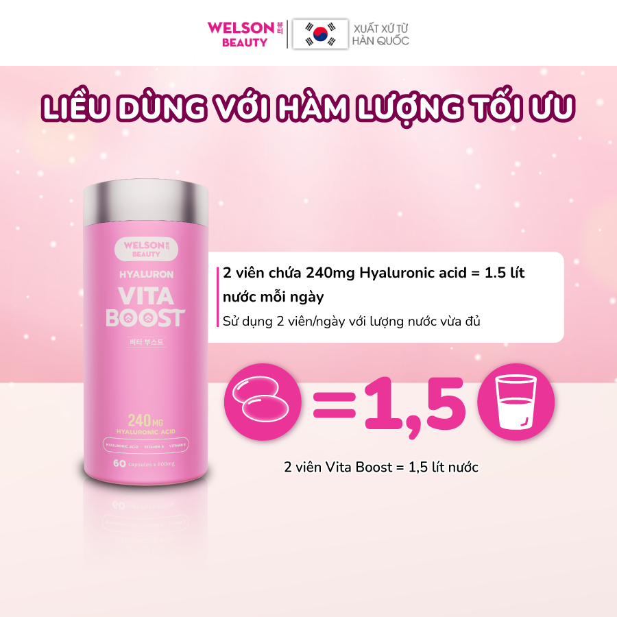 Viên uống HA cấp ẩm sáng da Welson Beauty Hyaluron Vita Boost hộp 60 viên