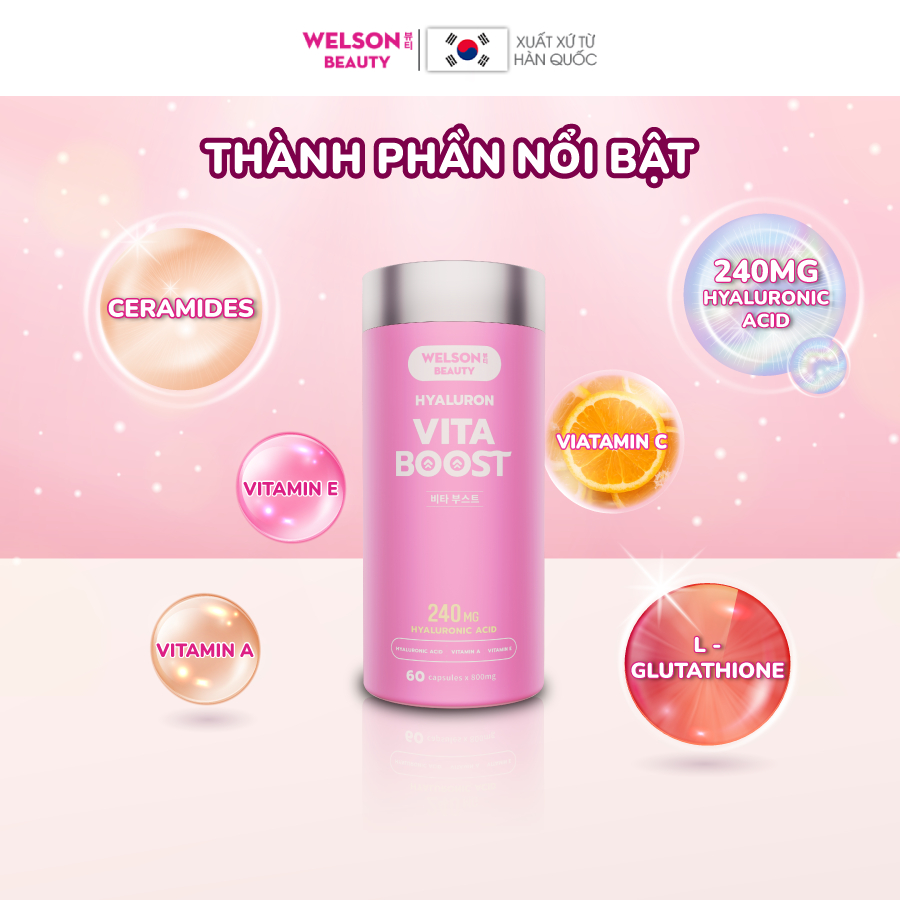 Combo 2 hộp viên uống HA cấp ẩm sáng da Welson Beauty Hyaluron Vita Boost hộp 60 viên x 2