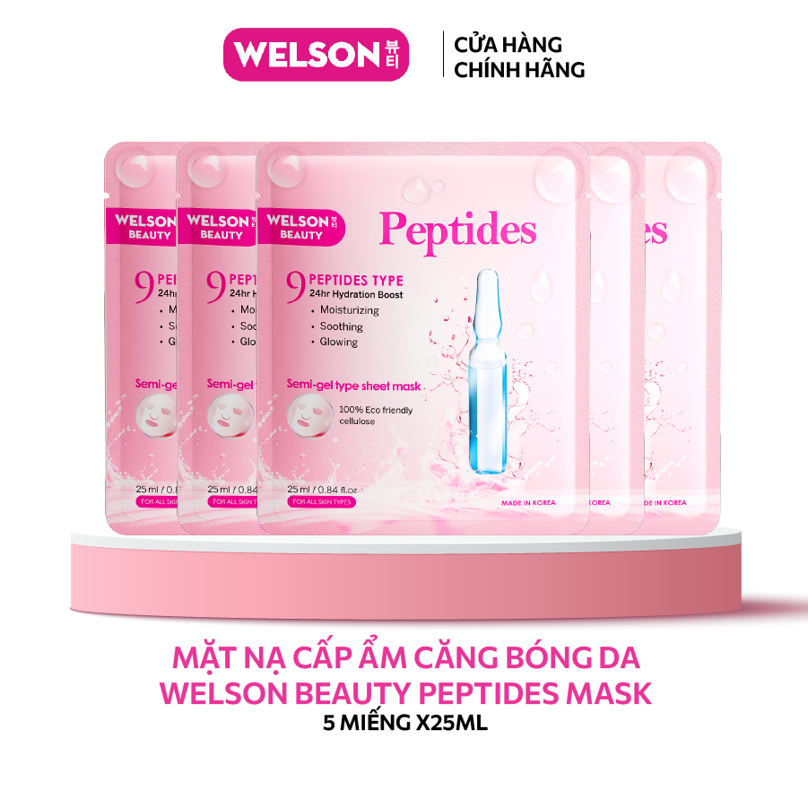 Hộp 5 mặt nạ Peptides dưỡng ẩm, phục hồi, căng bóng da Welson Beauty (5 miếng x 25ml)