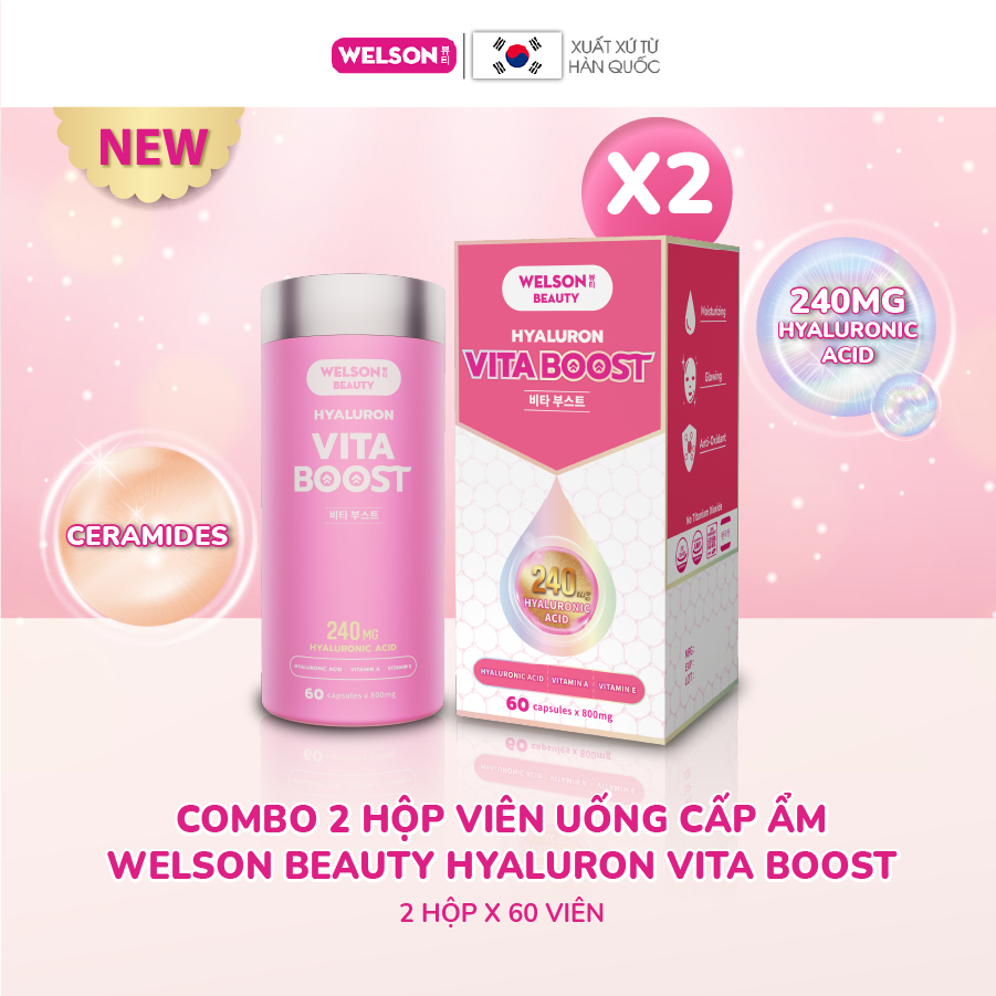 Combo 2 hộp viên uống HA cấp ẩm sáng da Welson Beauty Hyaluron Vita Boost hộp 60 viên x 2
