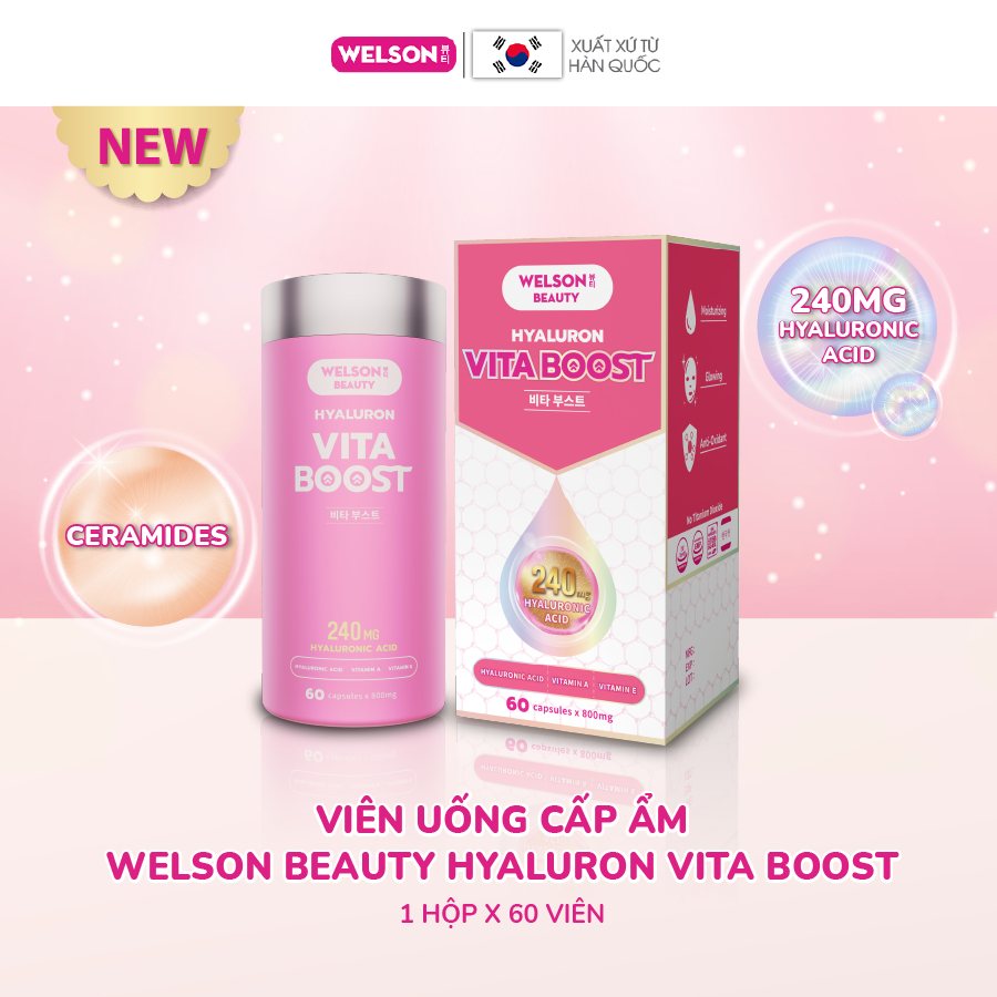Viên uống HA cấp ẩm sáng da Welson Beauty Hyaluron Vita Boost hộp 60 viên