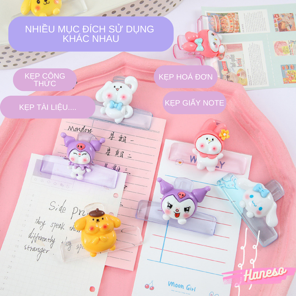 Haneso 🌸 Kẹp Giấy Kẹp Tài Liệu Cố Định Sách, Đánh Dấu Trang 2 Mặt Bằng Nhựa Hoạt Hình Sanrio Kuromi Melody Cinnamoroll