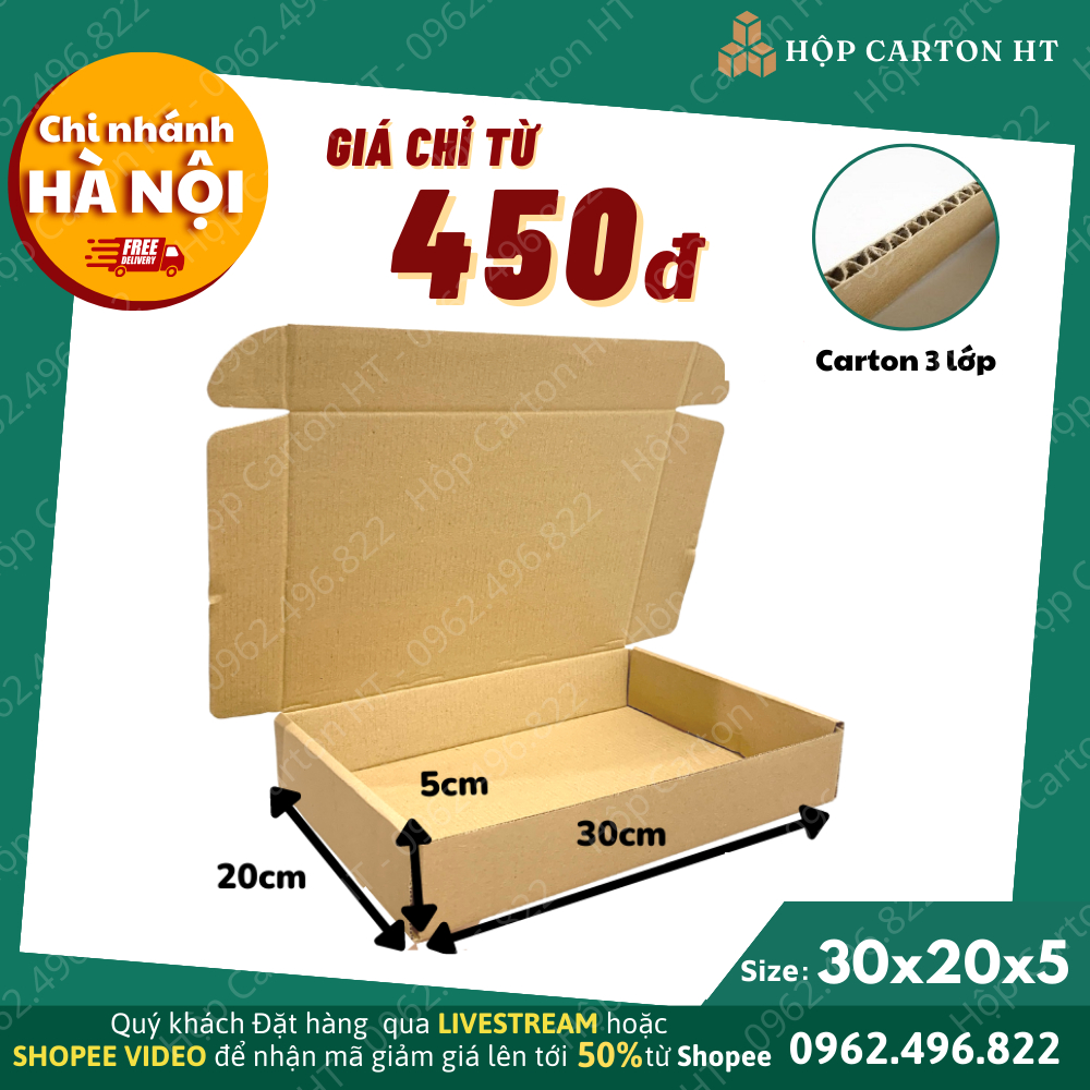 Combo 100 30x20x5 Hộp carton nắp gài, thùng bìa giấy cod nắp cài gói hàng quần áo, quà tặng handmade giá rẻ