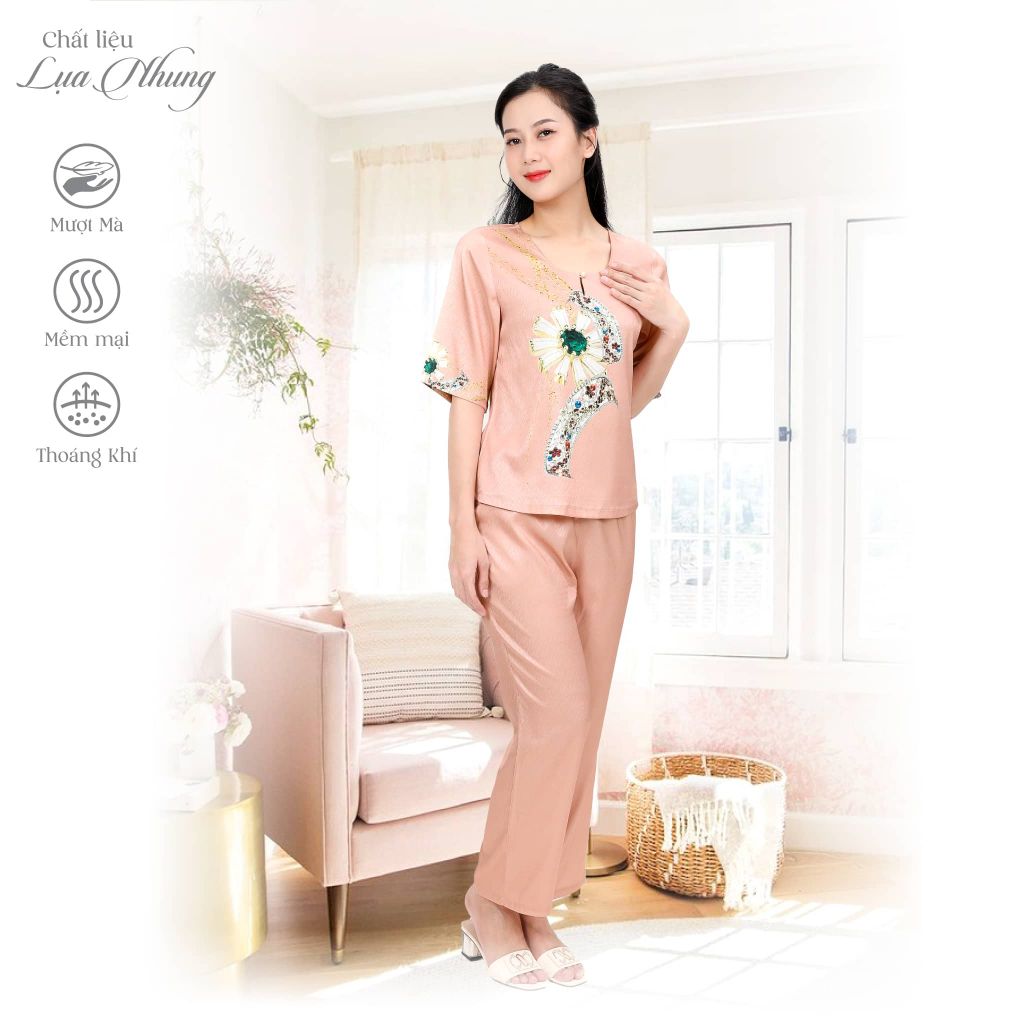 Bộ dài tay ngắn 263p 6049 lụa nhung cao cấp