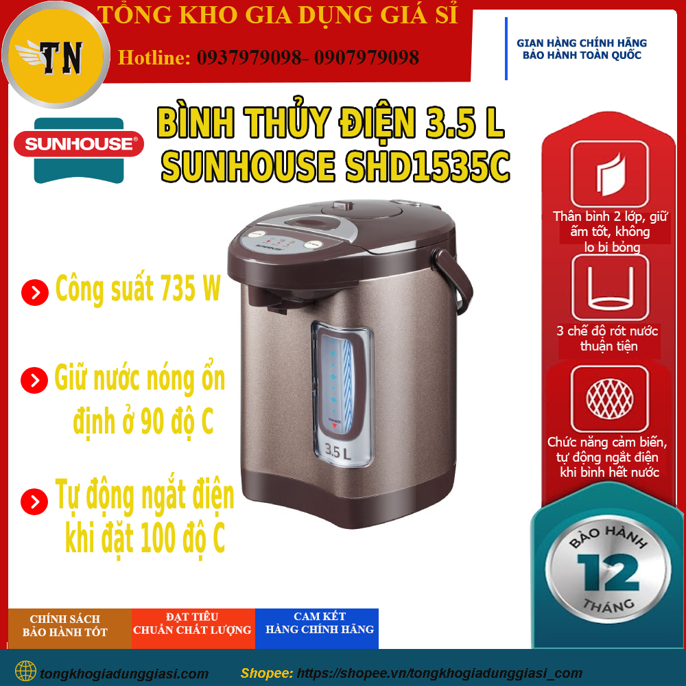 Bình Thuỷ Điện 3.5 L Sunhouse SHD1535C, chính hãng, thiết kế hiện đại, an toàn khi sử dụng