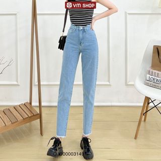 Quần jean nữ baggy VM Shop xanh trơn lua tua (không co giãn) QJB00003