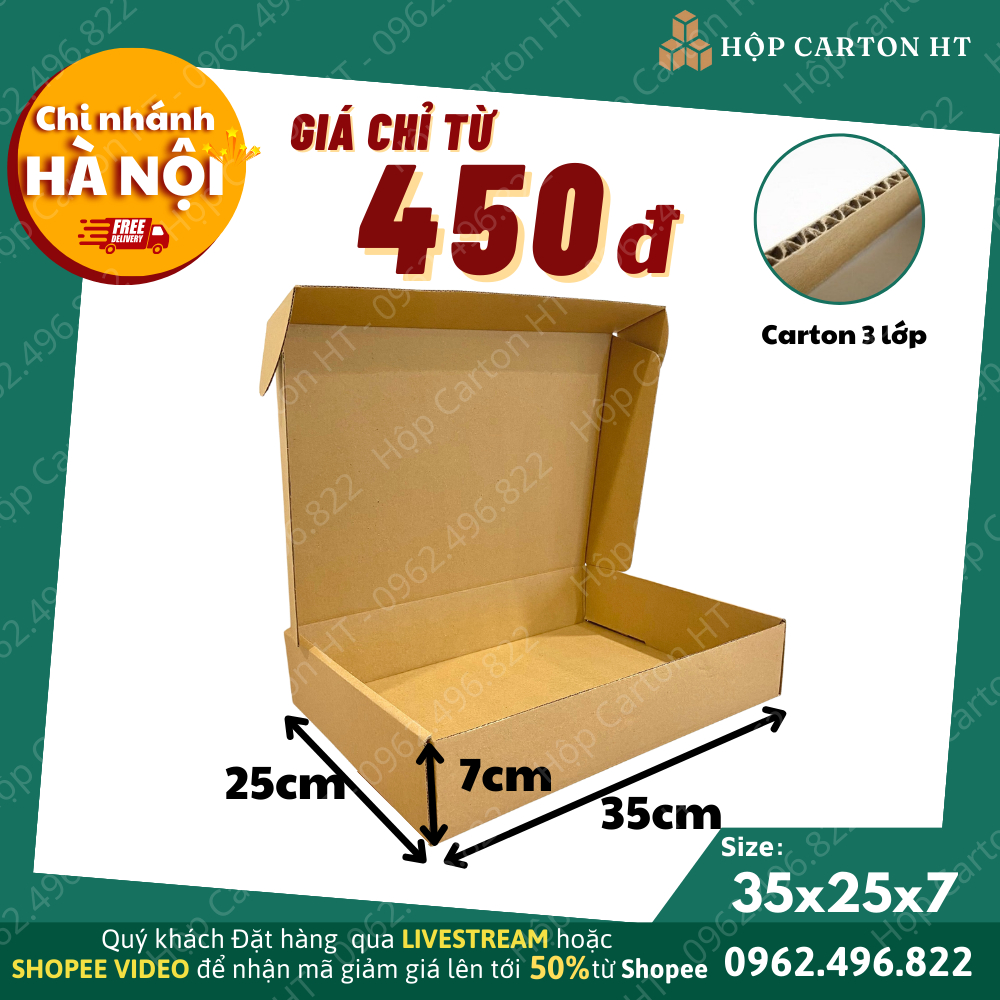 Combo 100 hộp carton nắp gài 35x25x7, hộp giấy nắp cài đựng quần áo, quà tặng giá rẻ - Hộp carton HT