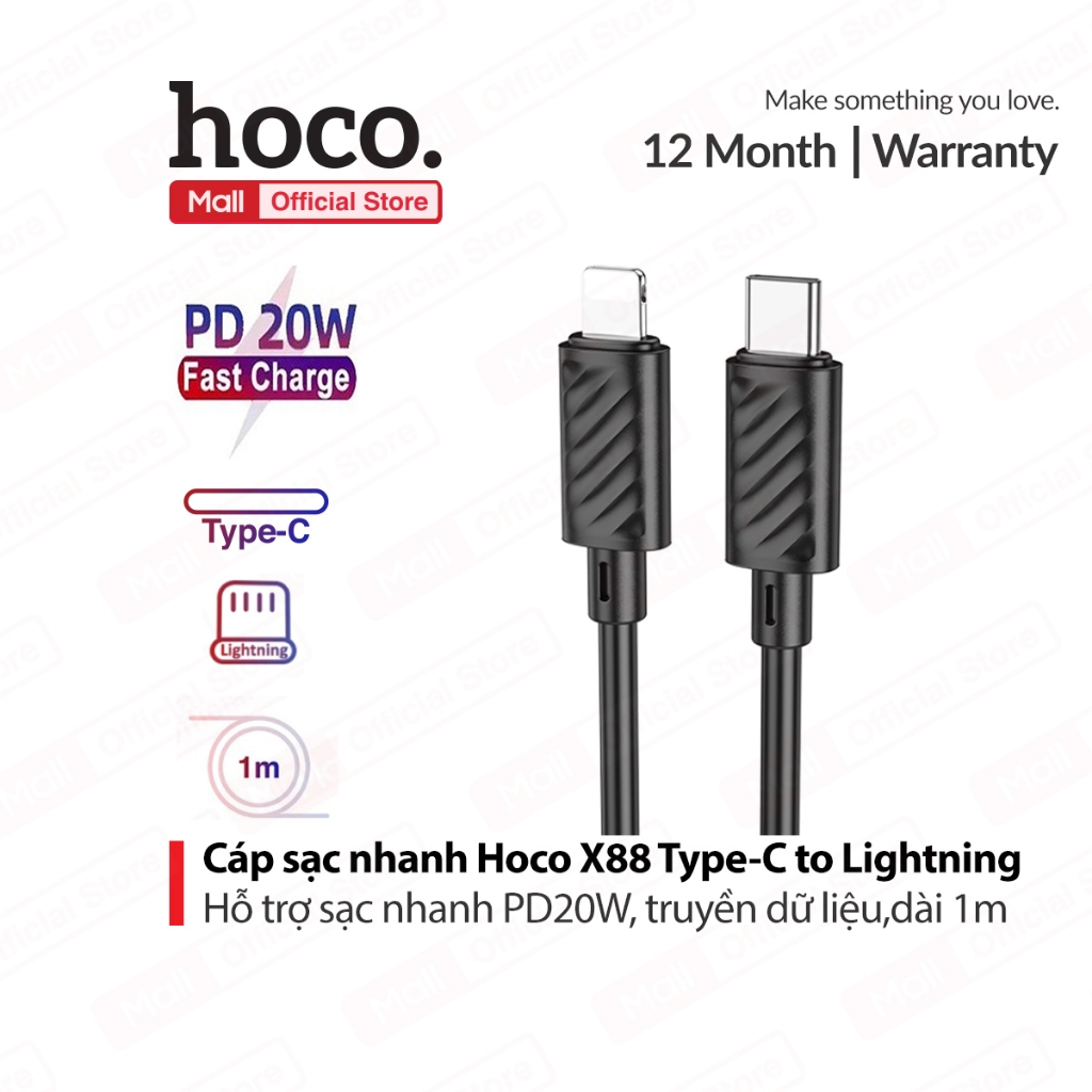 Cáp sạc nhanh PD20W Hoco X88 Type-C dành cho IP10/11/12/13/14promax,truyền dữ liệu, dây dẻo chống rối dài 1M (ĐEN)