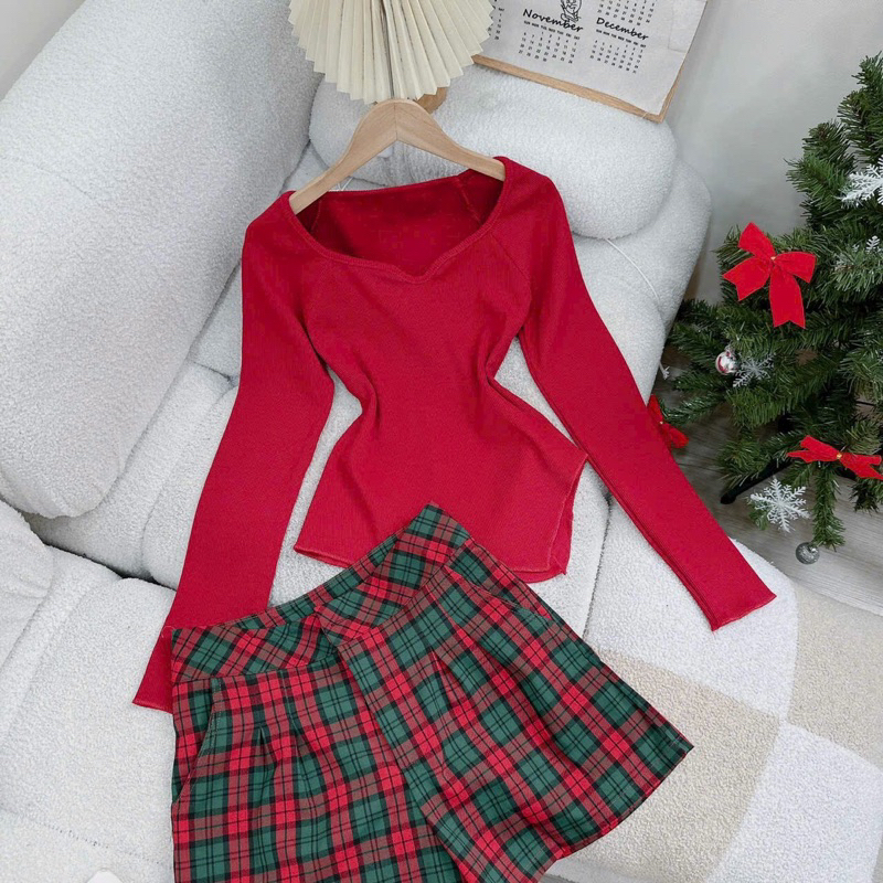 Sét thun đỏ tay dài kèm short caro giáng sinh