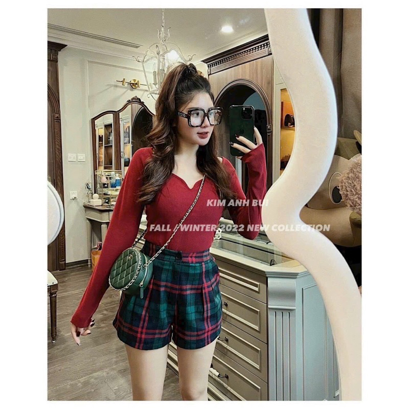 Sét thun đỏ tay dài kèm short caro giáng sinh
