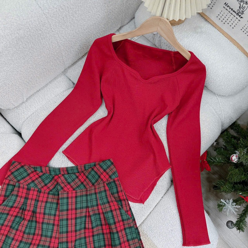 Sét thun đỏ tay dài kèm short caro giáng sinh