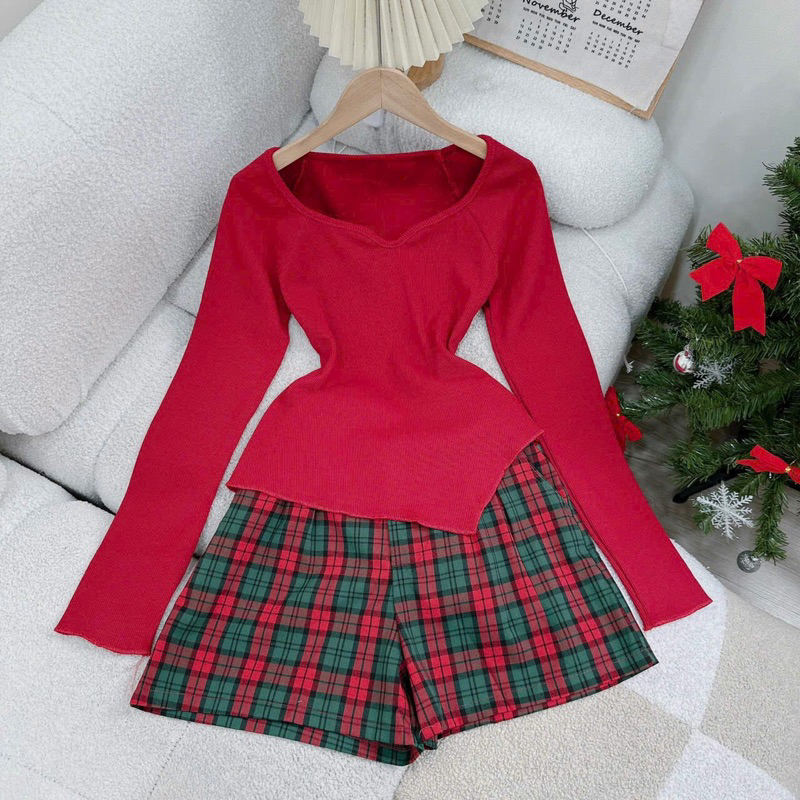 Sét thun đỏ tay dài kèm short caro giáng sinh