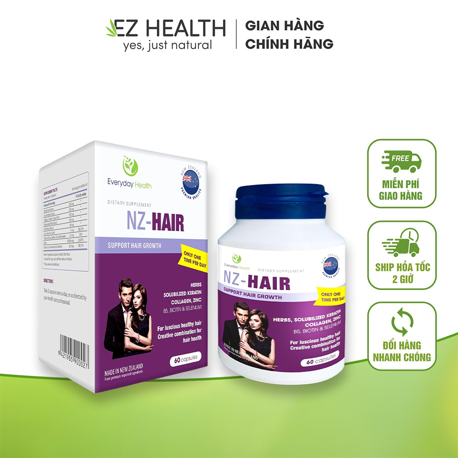 Viên uống Everyday Health NZ - Hair Hỗ trợ làm mượt tóc giảm tình trạng rụng tóc - tóc yếu dễ gẫy hộp 60 viên