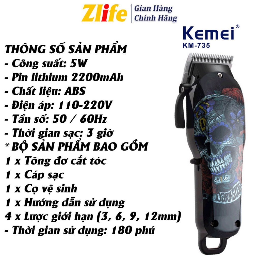 Tông Đơ, Tăng Đơ Cắt Tóc Có Dây Kemei KM-735, Salon, Máy Hớt Tóc Gia Đình, Trẻ Em, Chuyên Nghiệp Bảo Hành 5 Năm