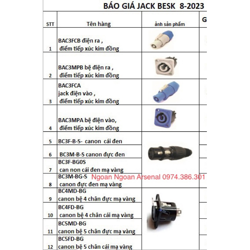 Jack xlr  Canon 3 Pin đực cái nhập khẩu hãng BESK