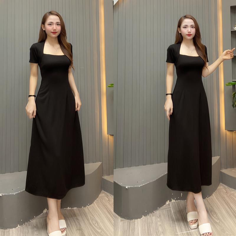 Đầm cổ vuông tay ngắn dáng dài xoè nhẹ tôn dáng chất vải thun len tăm QC