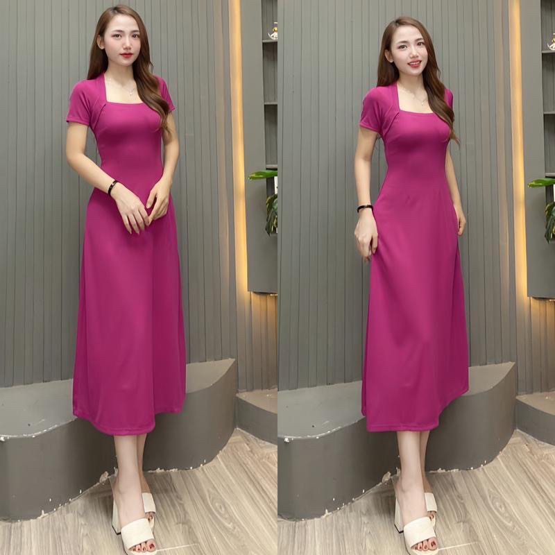Đầm cổ vuông tay ngắn dáng dài xoè nhẹ tôn dáng chất vải thun len tăm QC