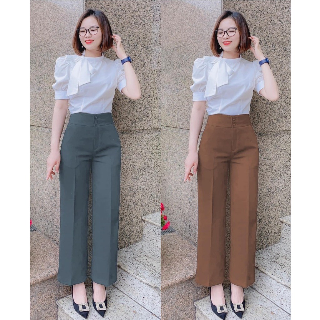 Quần suông ống rộng có bigsize cạp cao hai cúc -HVS-mã 888