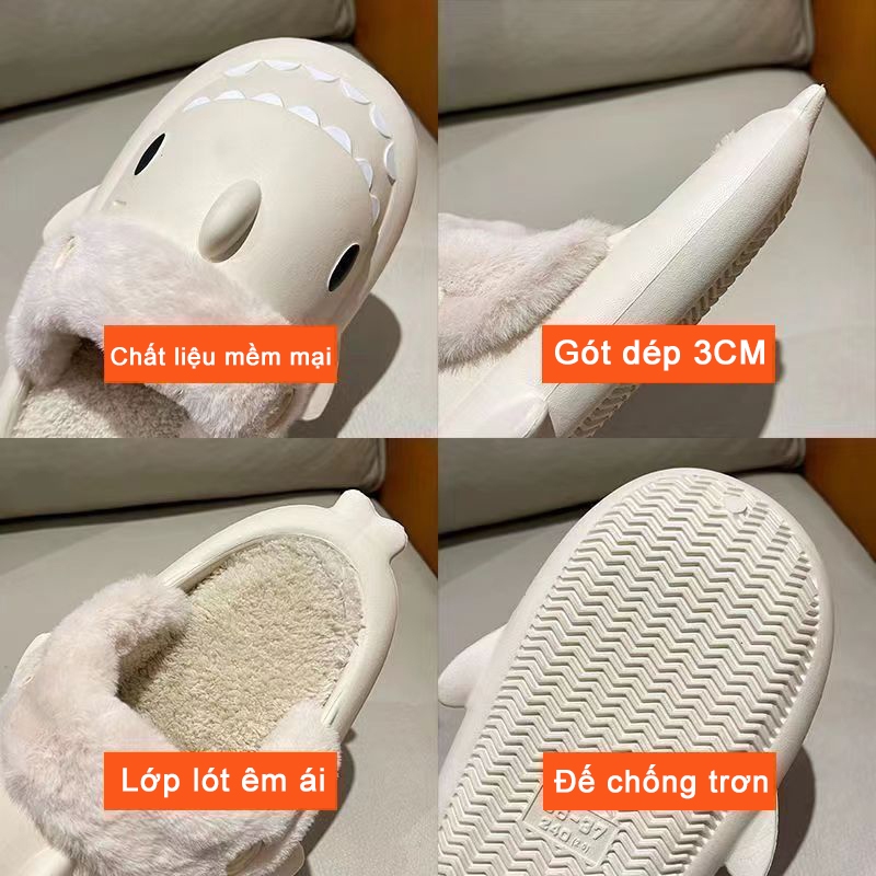 Dép bông đi trong nhà cute ấm áp và không thấm nước họa tiết cá mập dễ thương - 4 màu có sẵn