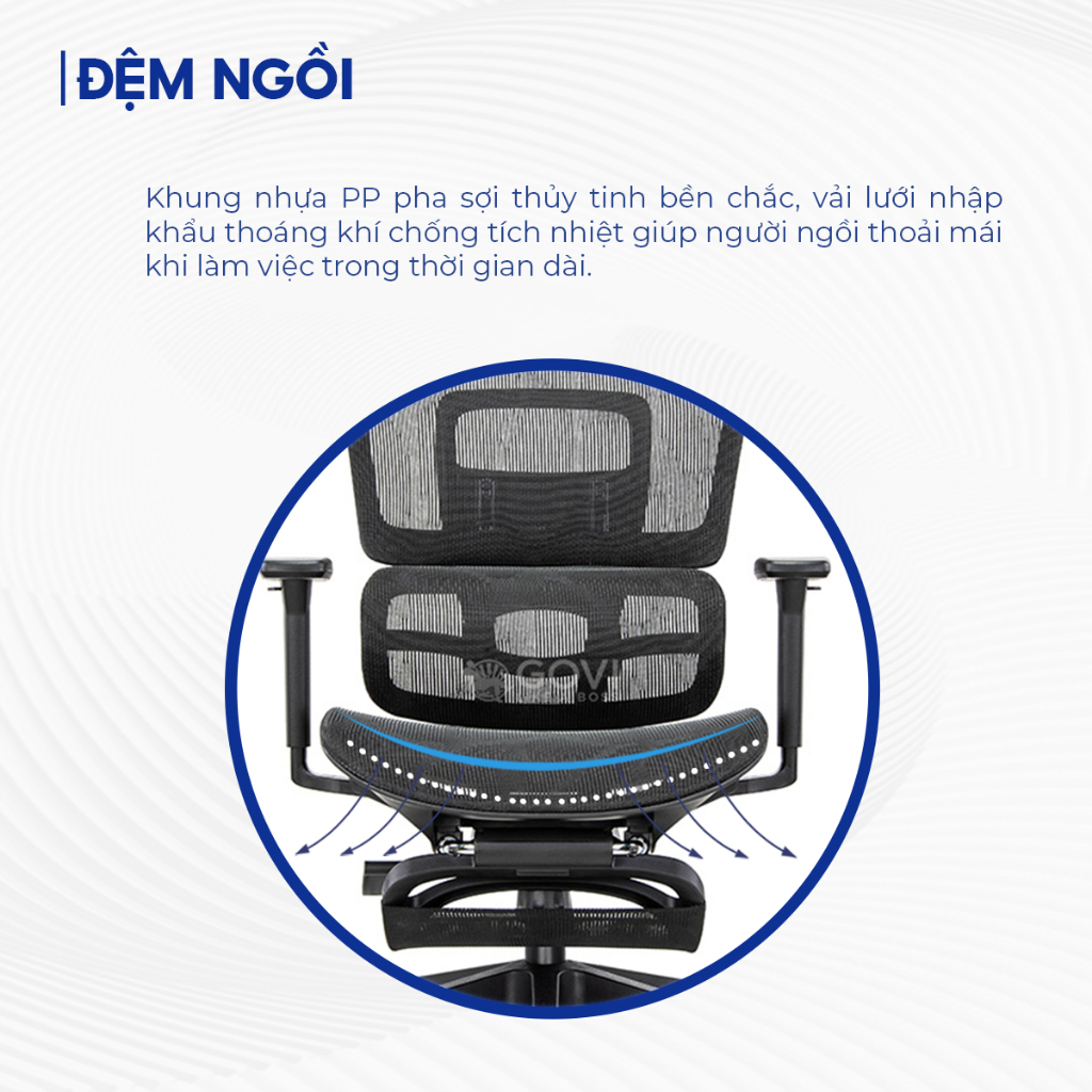 Ghế công thái học Ergonomic dòng Full lưới cao cấp đầy đủ tính năng, chính hãng GOVI bảo hành 2 năm