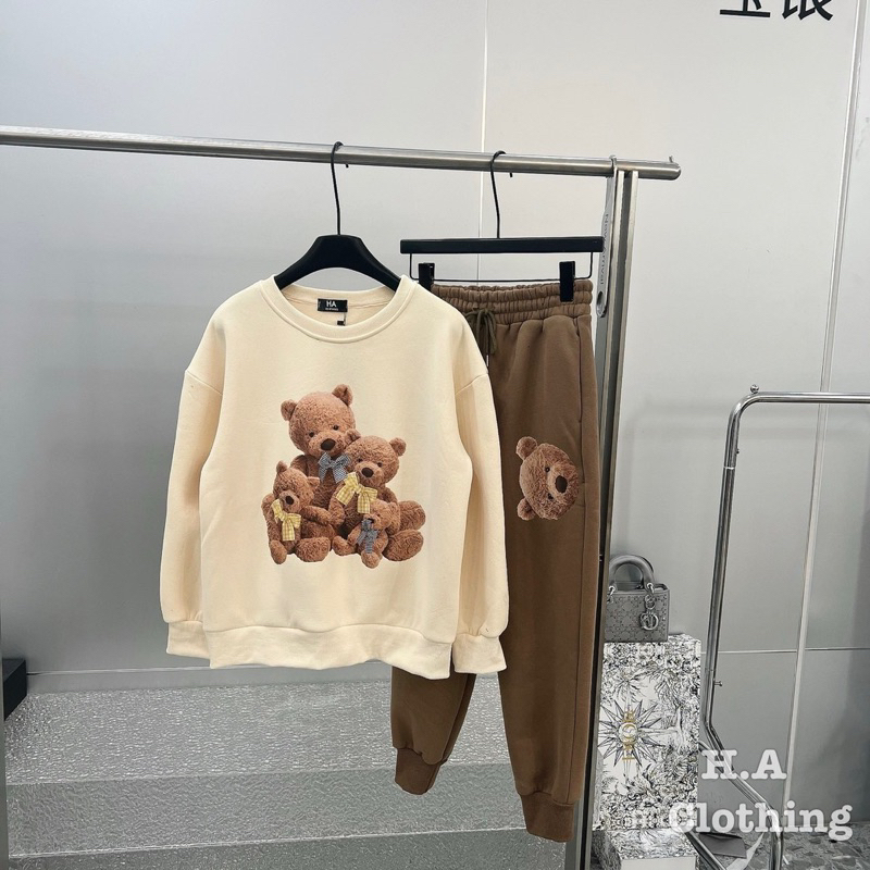 Sét áo nỉ gấu gia đình + quần dài nâu tây