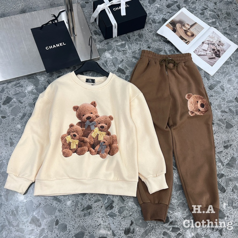 Sét áo nỉ gấu gia đình + quần dài nâu tây