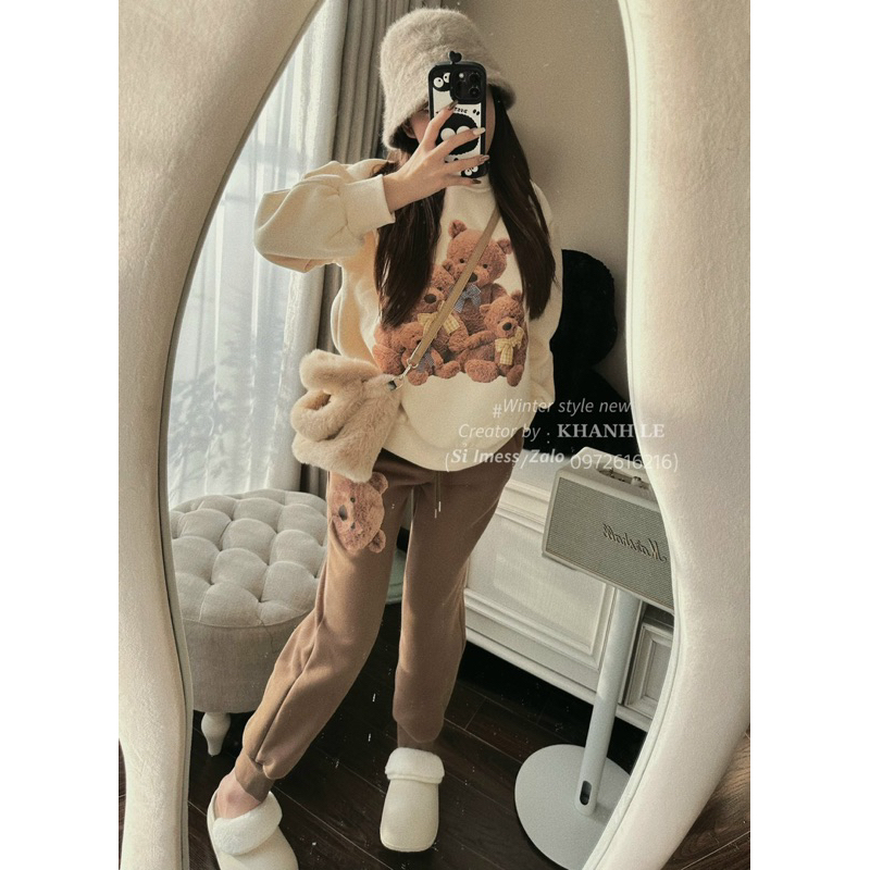 Sét áo nỉ gấu gia đình + quần dài nâu tây