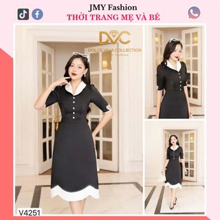 V4251 Váy đầm đen phối viền trắng cổ vest công sở [Dolce Viva Colection (DVC)] váy đen dáng A tay lỡ thiết kế