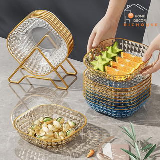 Bộ 4 Đĩa vuông trong suốt viền vàng chất liệu nhựa, đĩa lòng sâu đựng đồ đa năng sang trọng.
