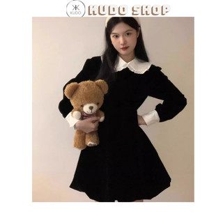 Váy nhung cổ sen dài tay, Váy nhung liền hàng Quảng Châu loại một bánh bèo nữ tính Kudoshop