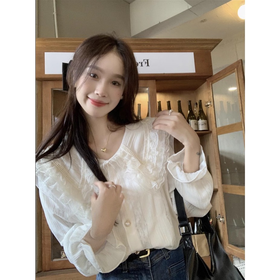 Áo sơ mi trắng cổ bèo, Áo sơ mi vải đũi mềm tay dài phong cách tiểu thư thanh lịch mặc đi học, đi làm, đi chơi Kudoshop