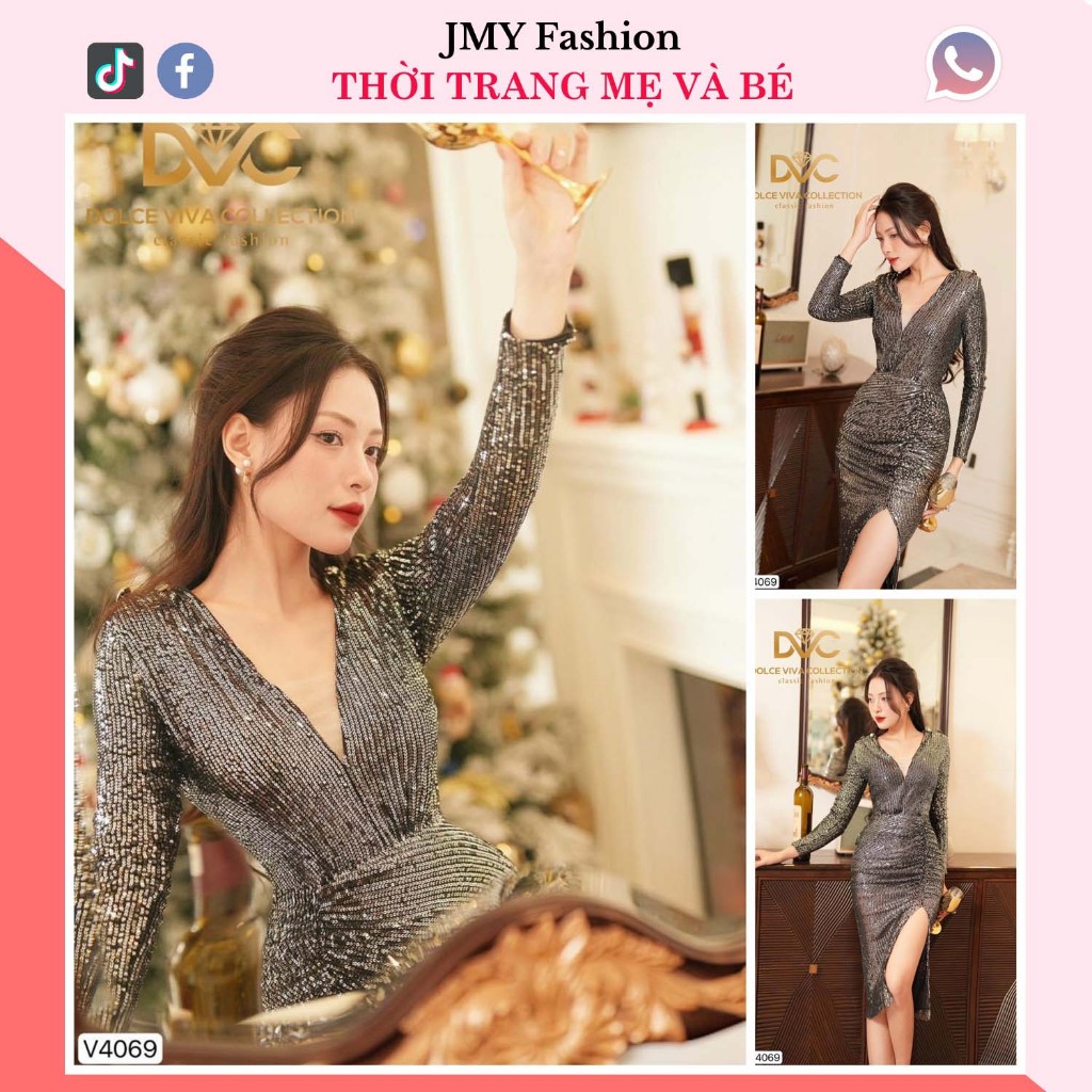 váy đen cổ V dài tay dự tiệc