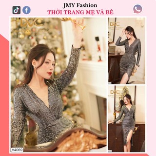 V4069 Váy đen kimsa ôm body dáng dài sexy váy đen cổ V dài tay dự tiệc